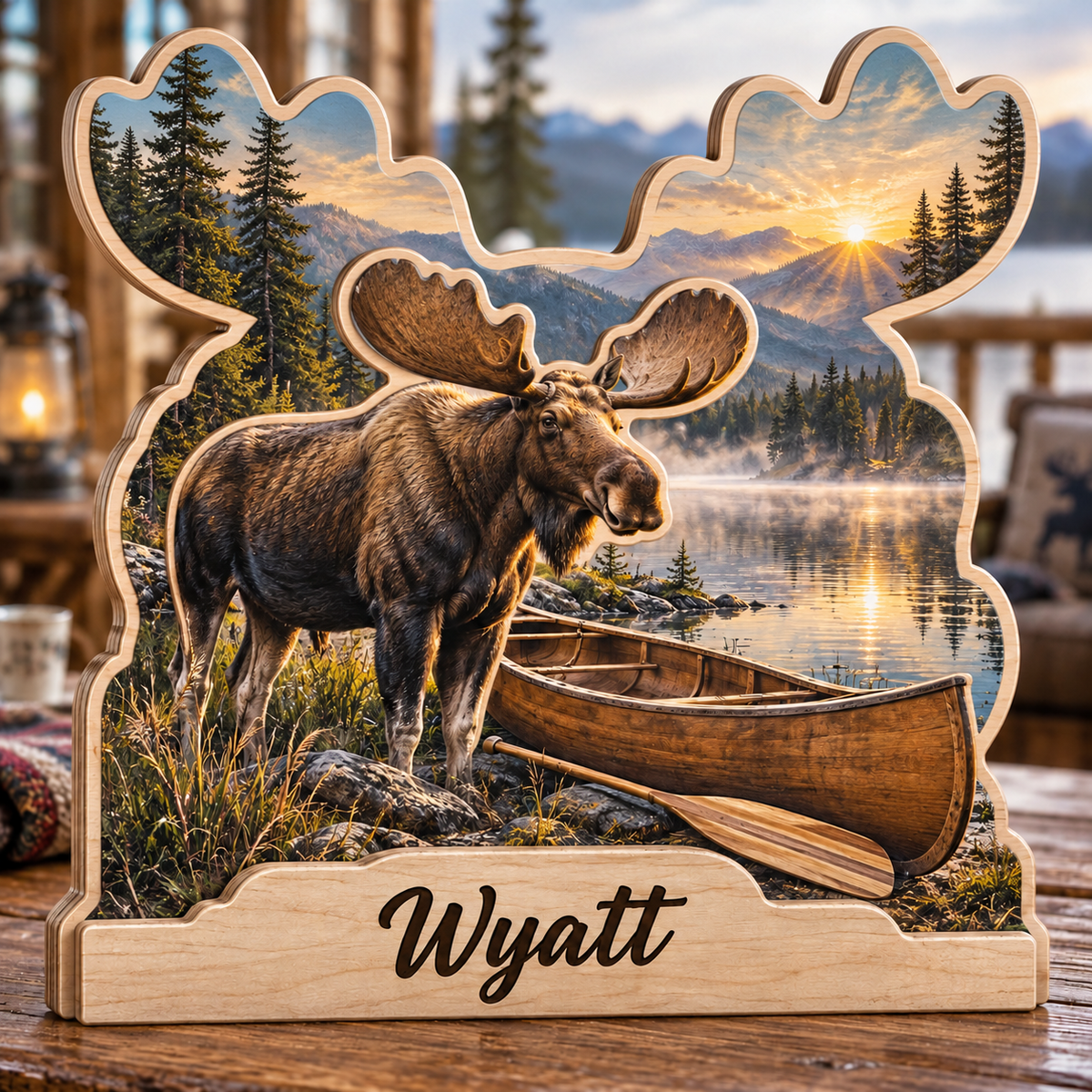 Moose Canoe Lake Personalized Wooden Block; example personalization Wyatt