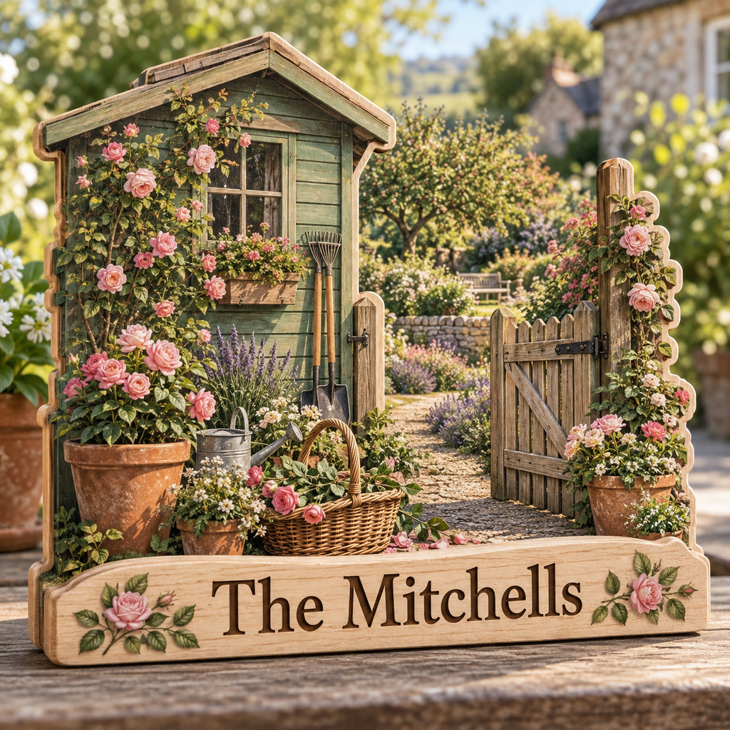 Garden Shed Rose Path Personalized Wooden Block; example personalization The Mitchells