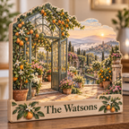 Greenhouse Citrus Courtyard Canal Personalized Wooden Block; example personalization The Watsons