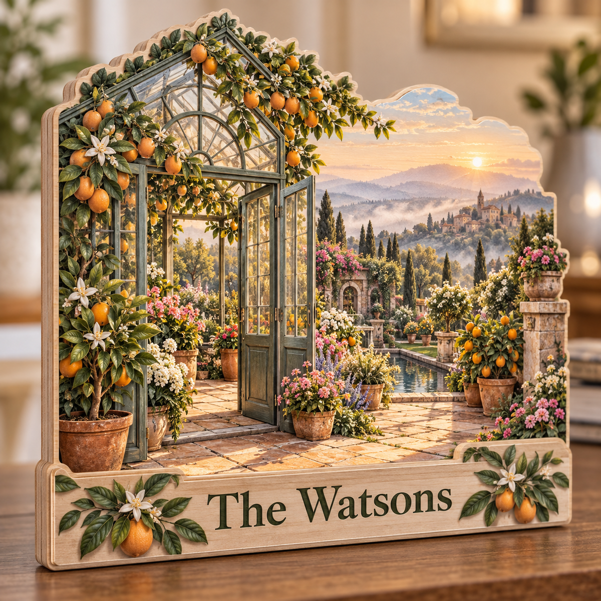 Greenhouse Citrus Courtyard Canal Personalized Wooden Block; example personalization The Watsons