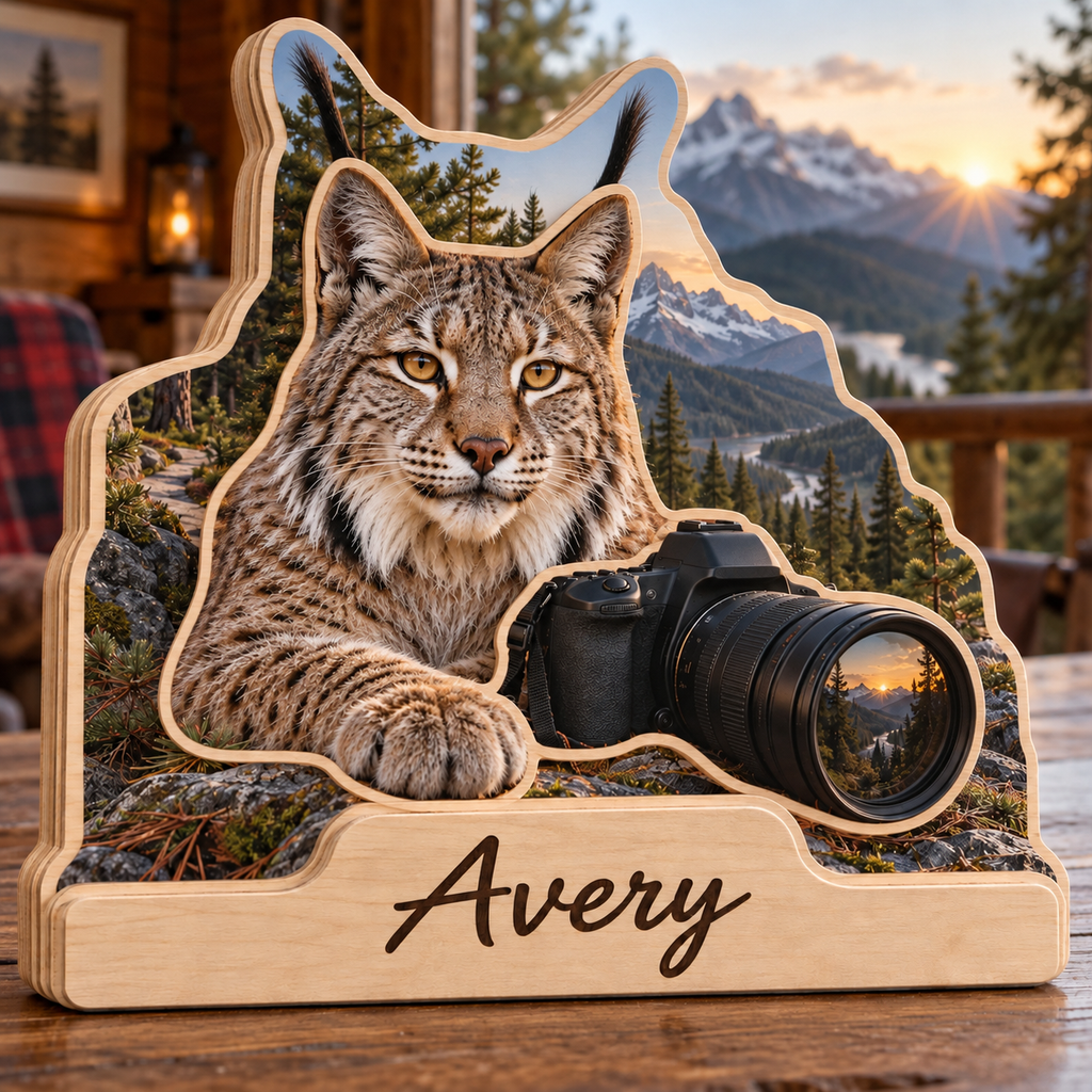 Lynx Forest Camera Personalized Wooden Block; example personalization Avery