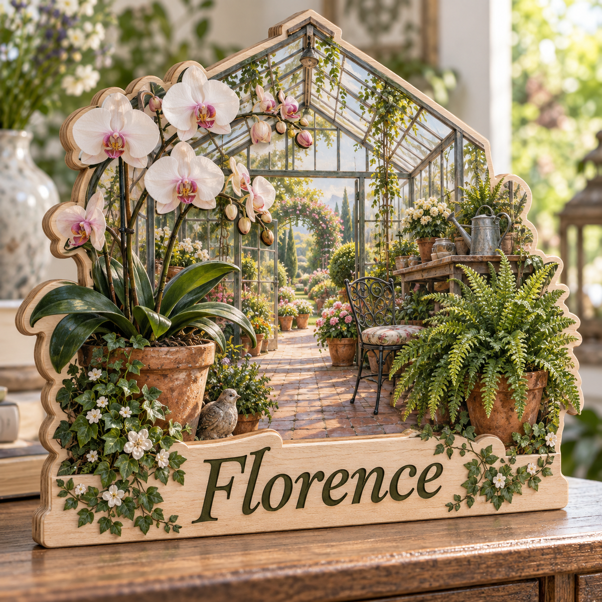 Greenhouse Orchid Retreat Personalized Wooden Block; example personalization Florence