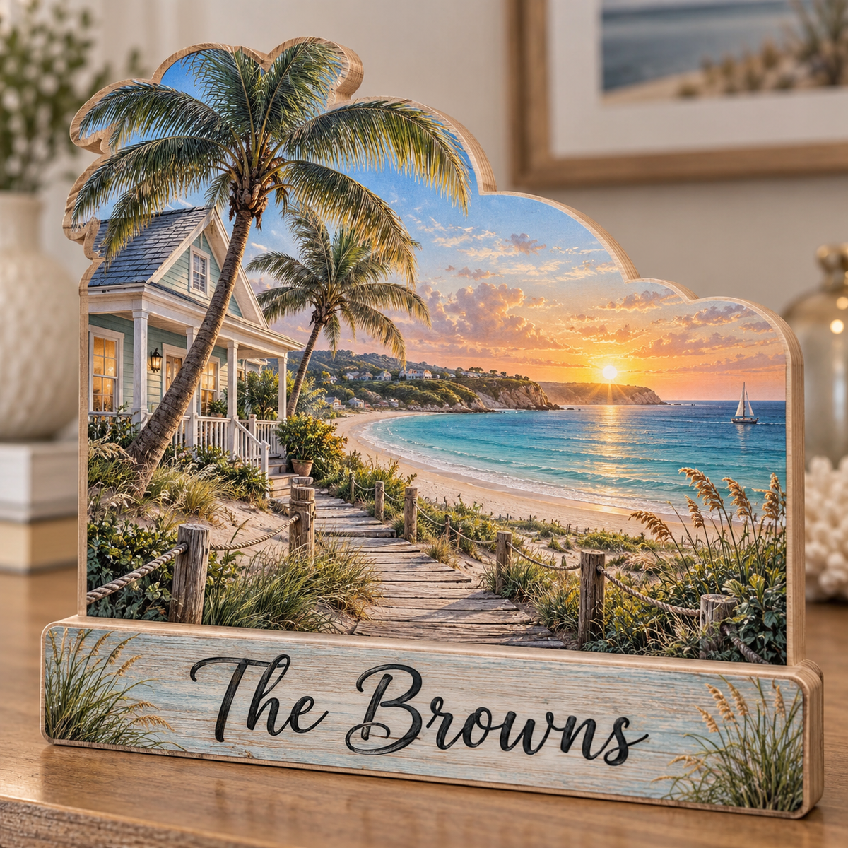 Beach House Boardwalk Cove Personalized Wooden Block; example personalization The Browns