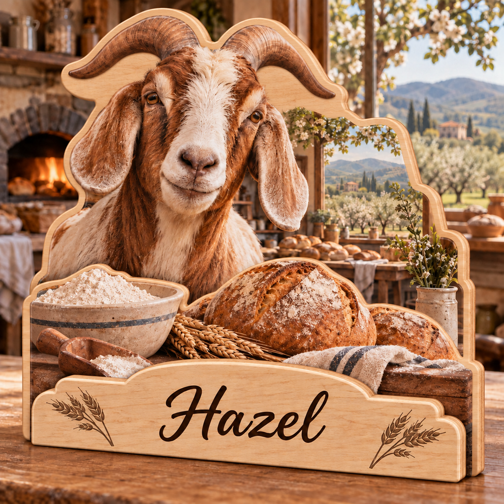 Goat Hearth Bakery Personalized Wooden Block; example personalization Hazel