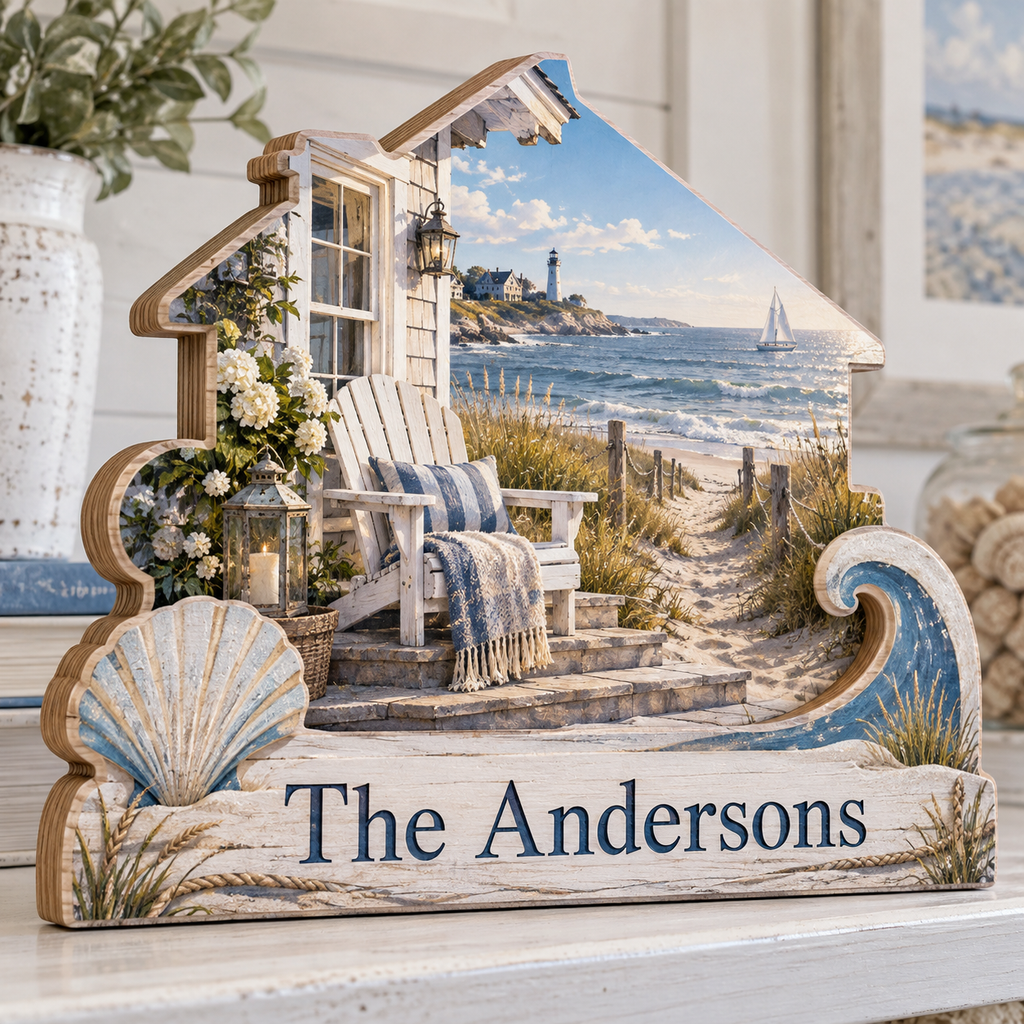 Beach House Seashell Personalized Wooden Block; example personalization The Andersons