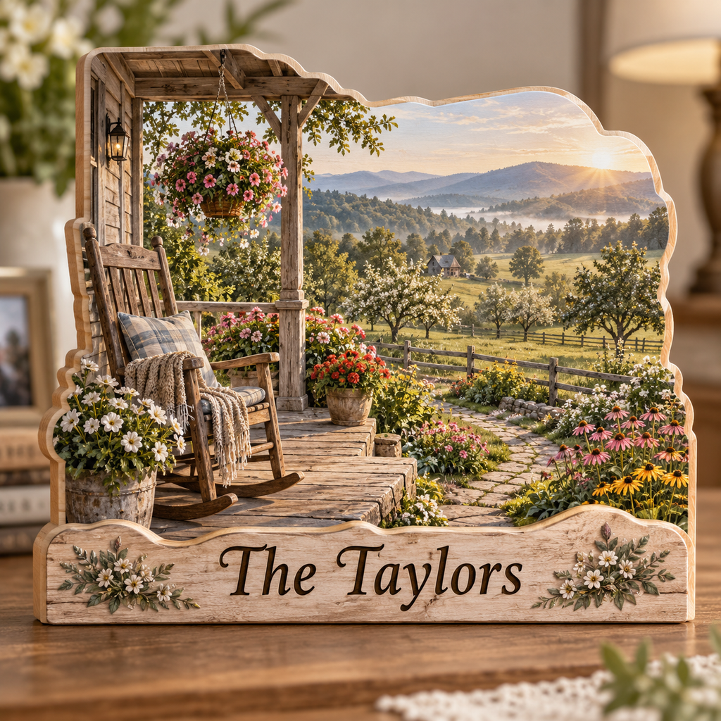 Country Porch Meadow View Personalized Wooden Block; example personalization The Taylors
