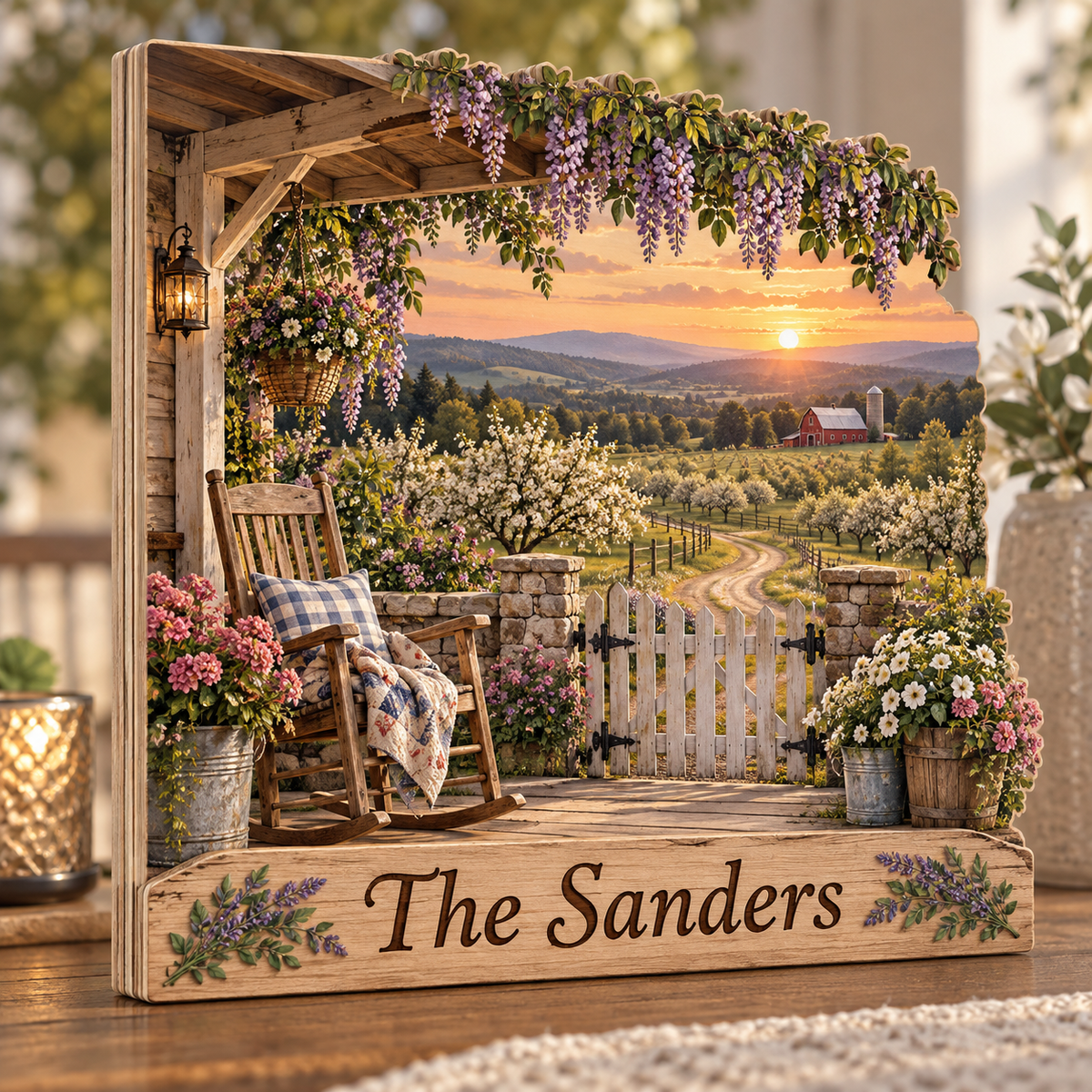 Country Porch Wisteria Orchard View Personalized Wooden Block; example personalization The Sanders