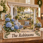 Country Porch Hydrangea Swing Personalized Wooden Block; example personalization The Robinsons