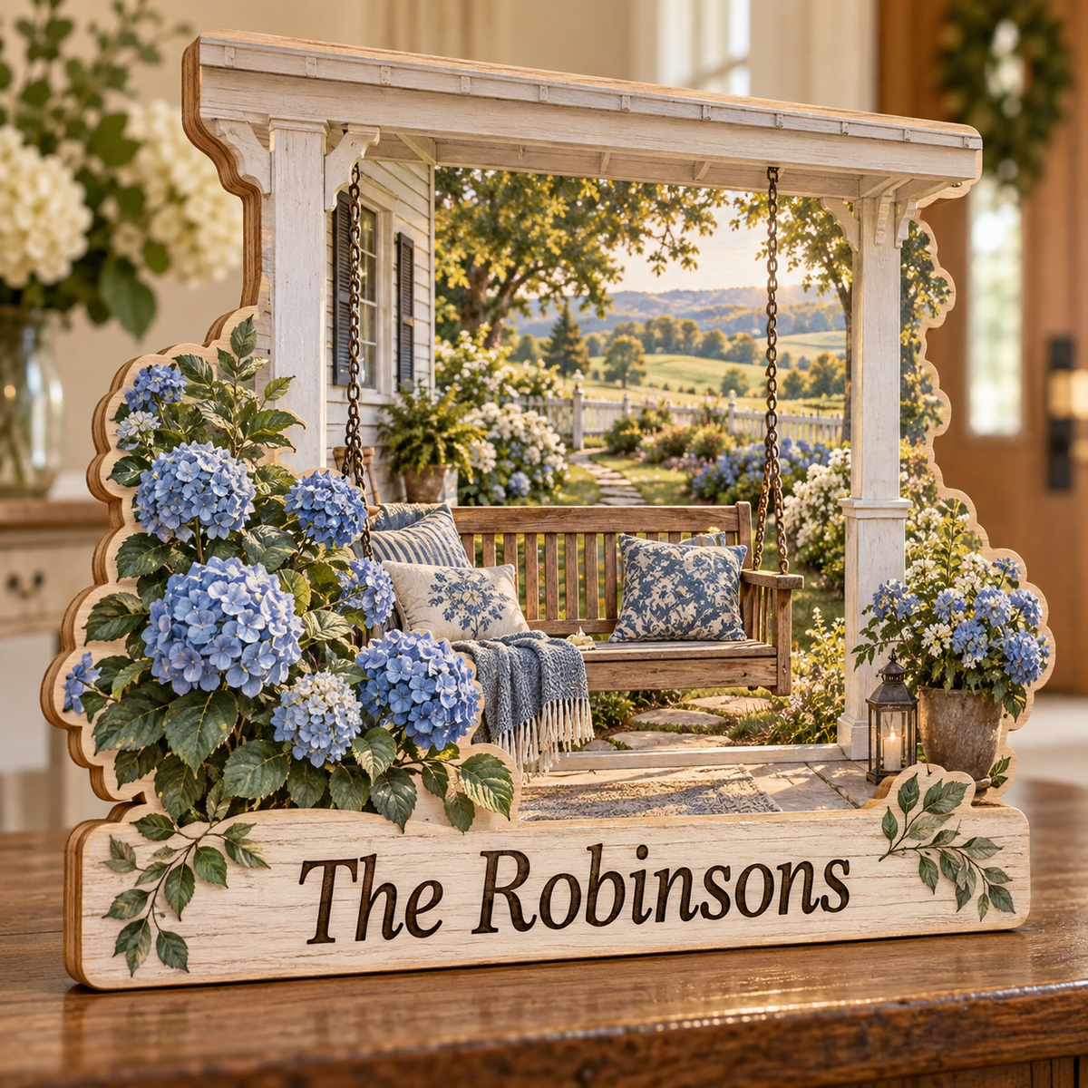 Country Porch Hydrangea Swing Personalized Wooden Block; example personalization The Robinsons