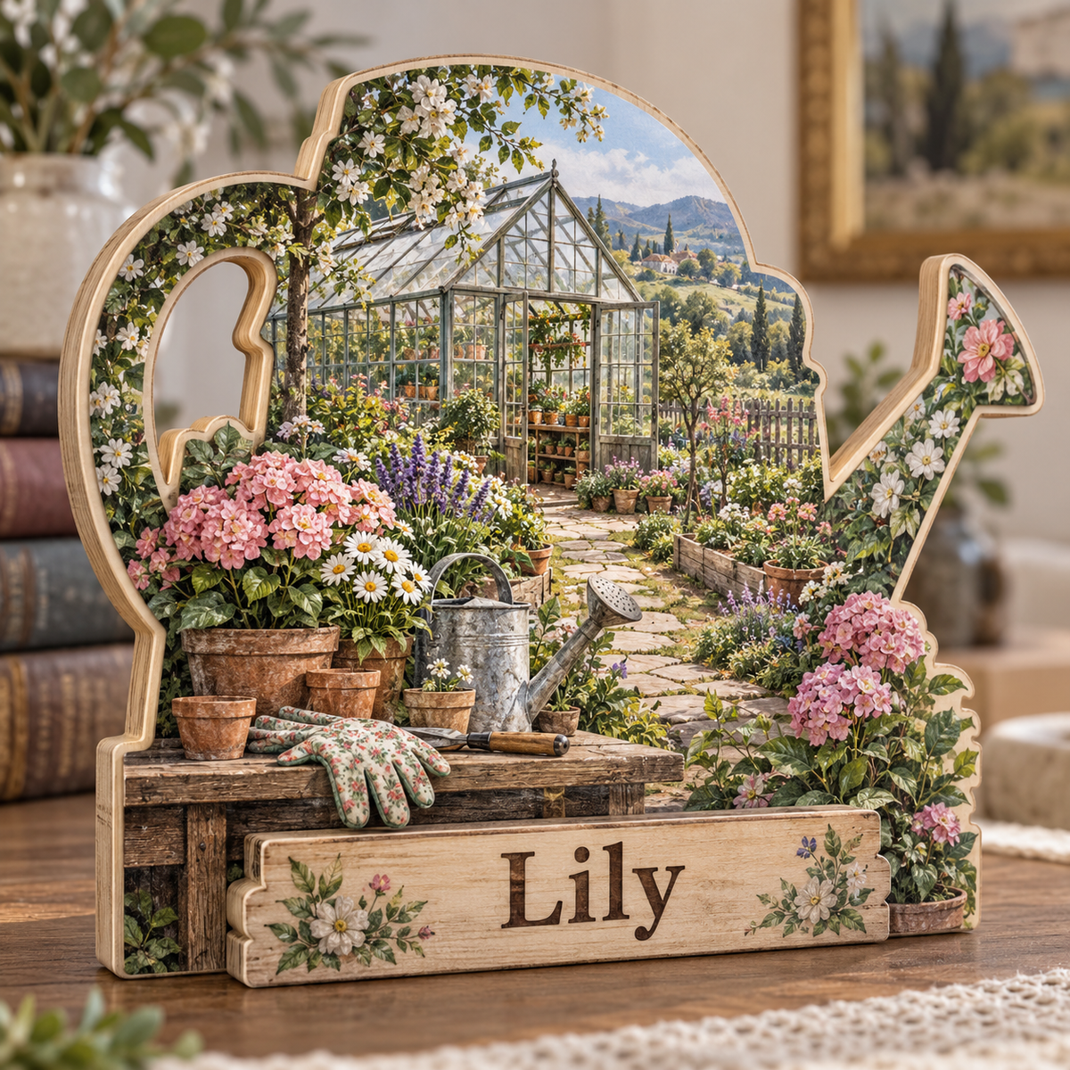 Gardener Greenhouse Potting Bench Personalized Wooden Block; example personalization Lily