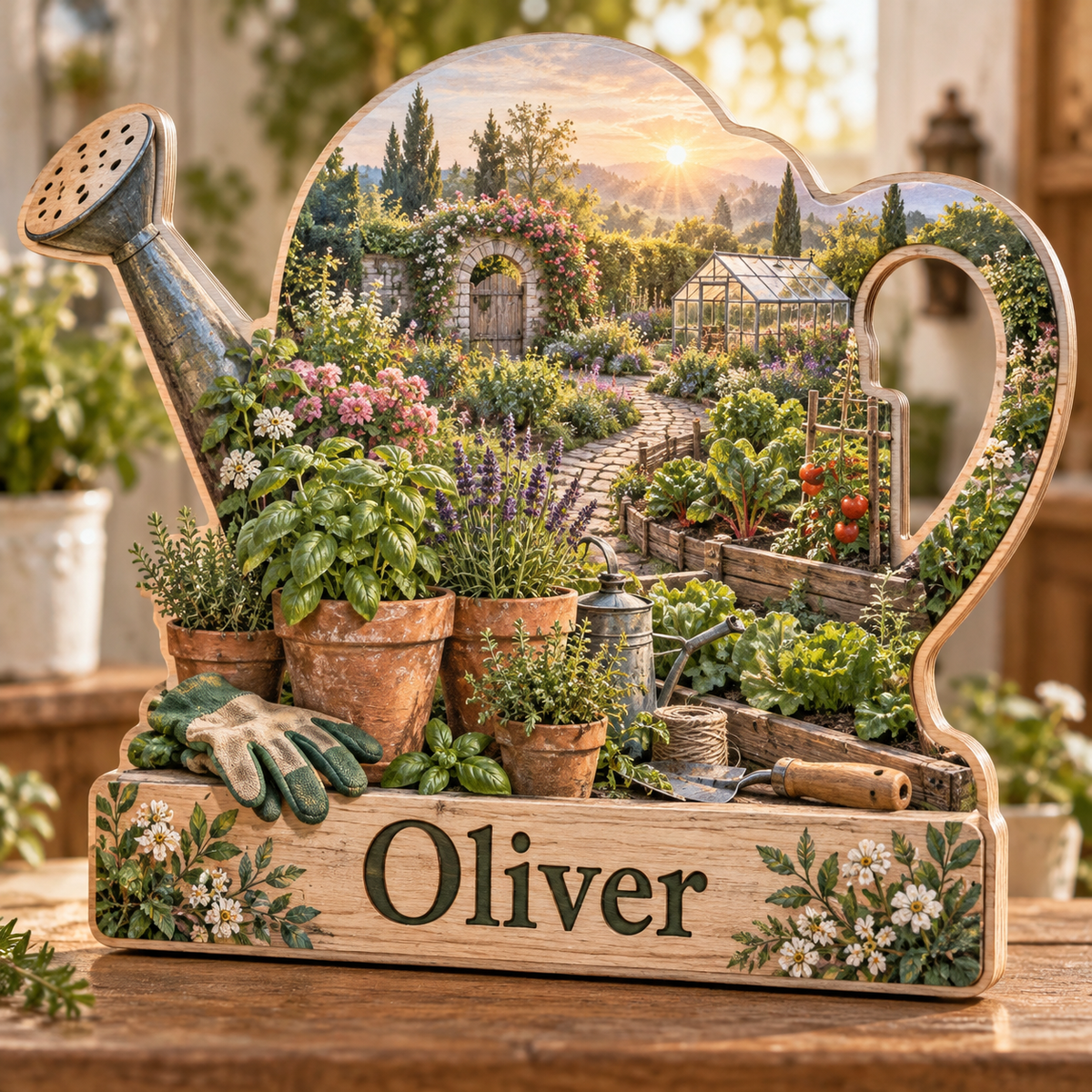 Gardener Herb Bench Stone Gate Personalized Wooden Block; example personalization Oliver