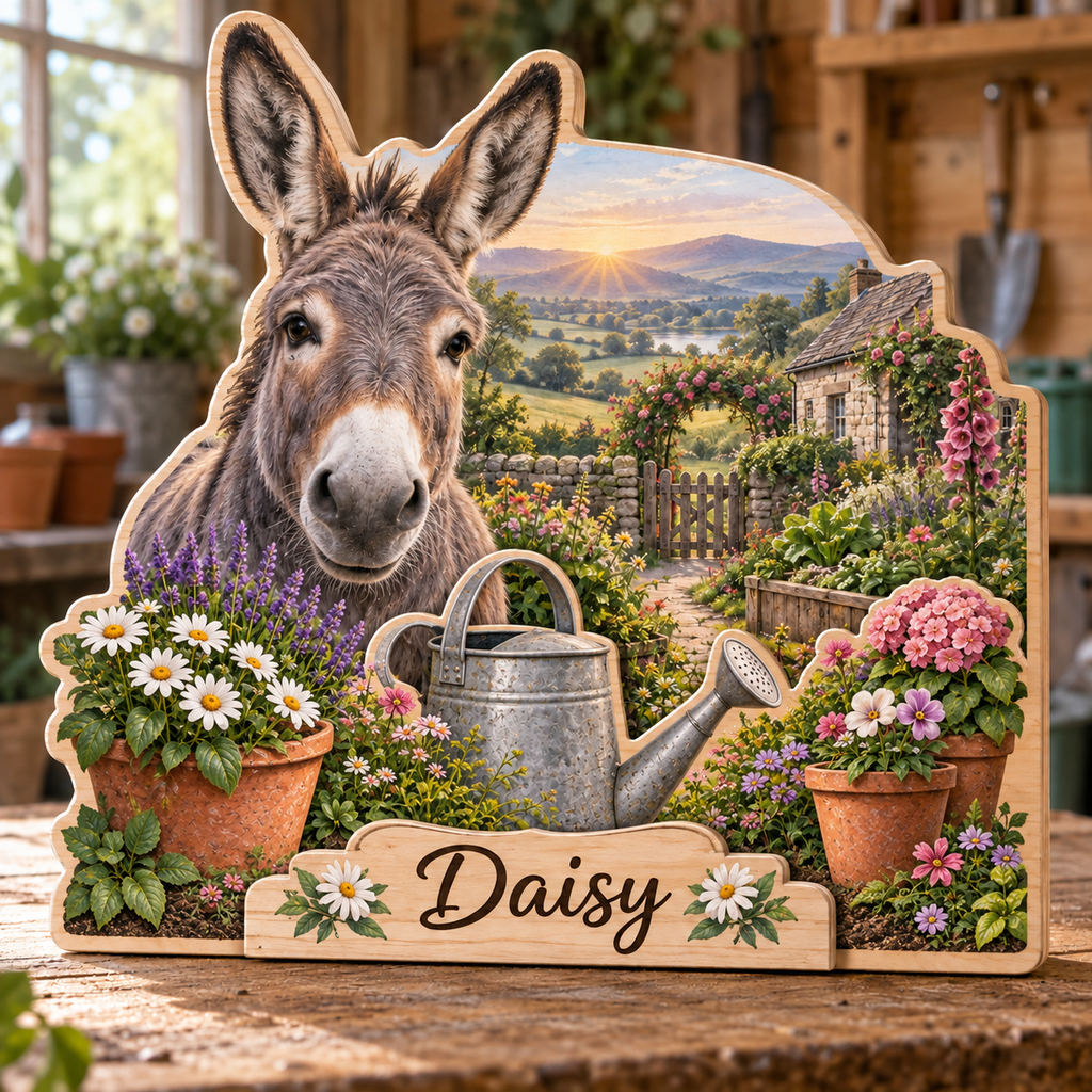 Donkey Cottage Garden Personalized Wooden Block; example personalization Daisy