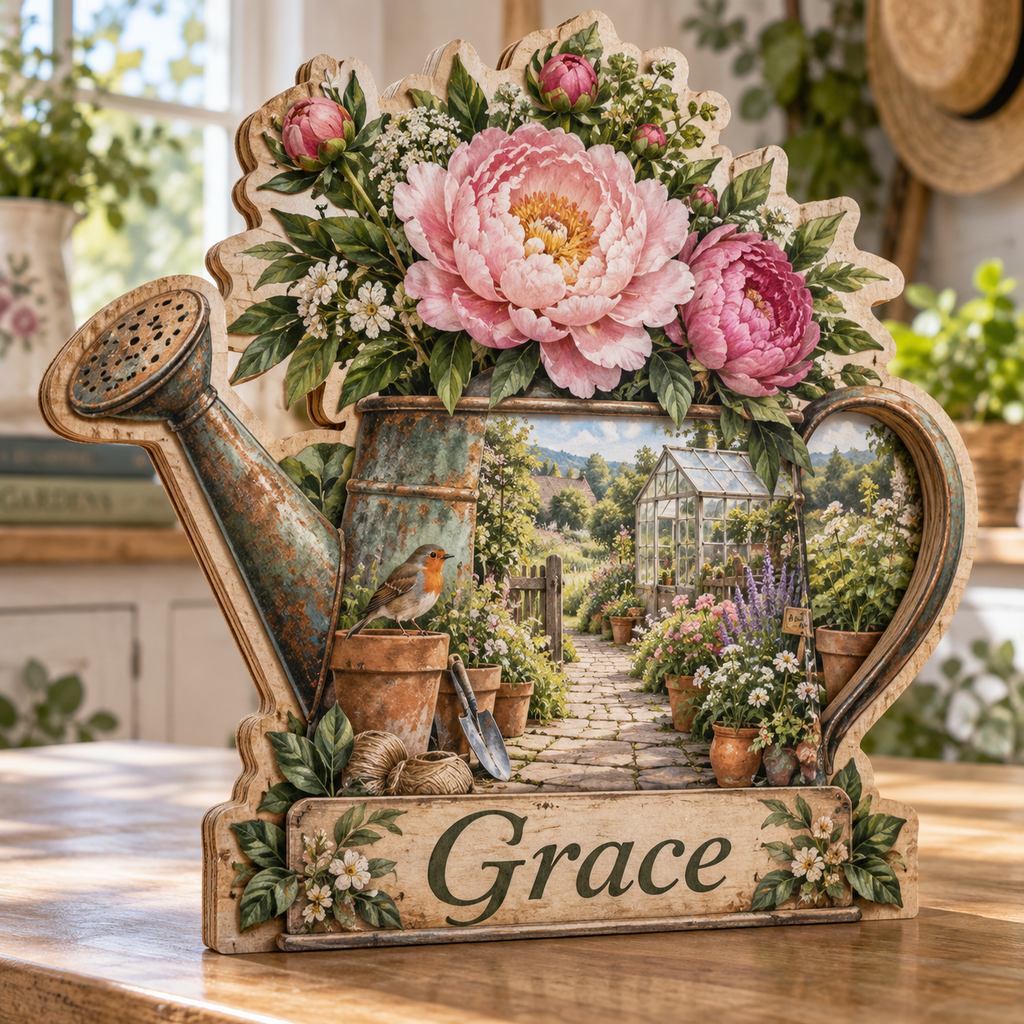 Garden Watering Can Personalized Wooden Block; example personalization Grace