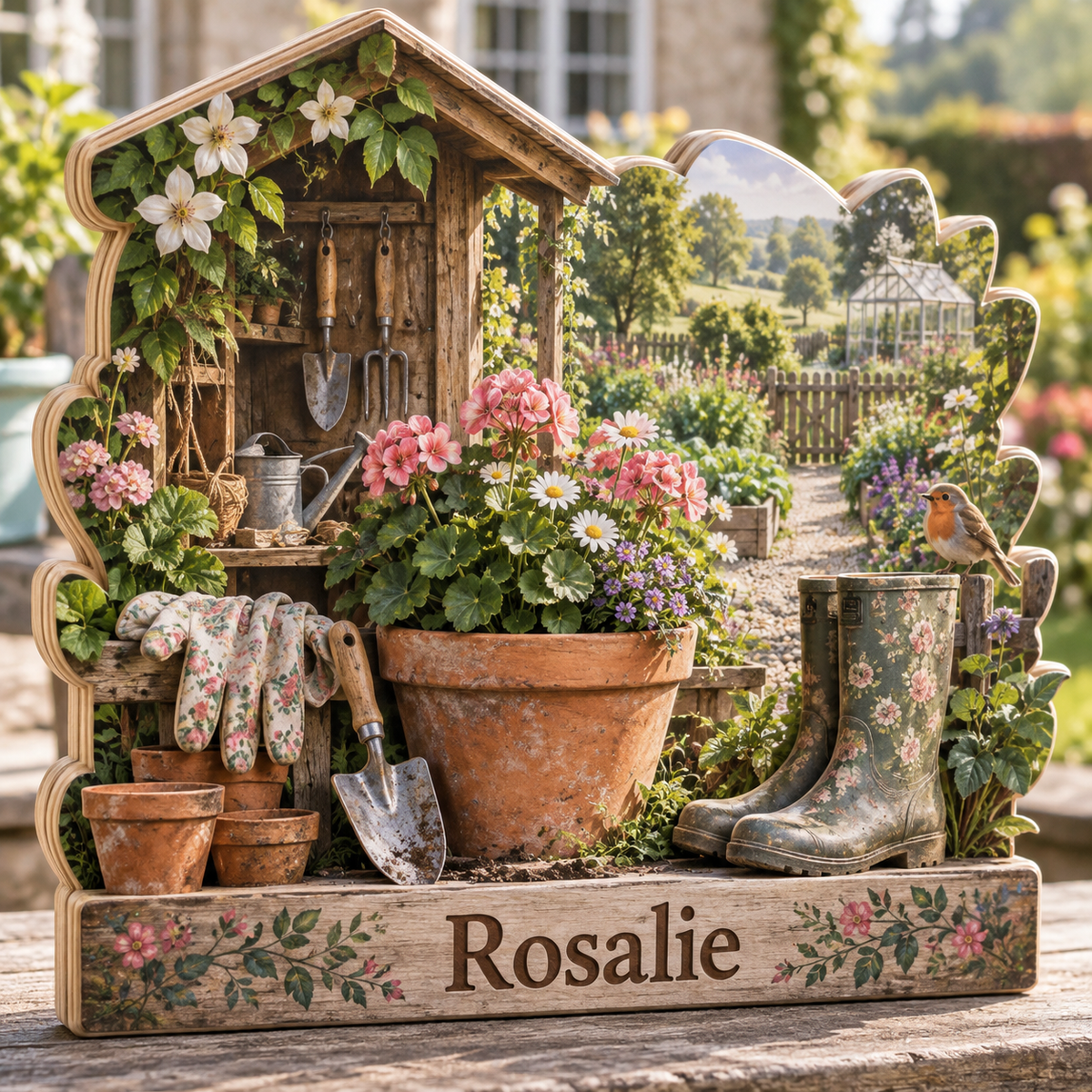 Gardener Potting Shed Personalized Wooden Block; example personalization Rosalie