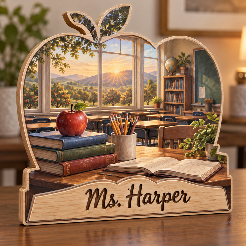 Teacher Classroom Orchard Window Personalized Wooden Block; example personalization Ms. Harper
