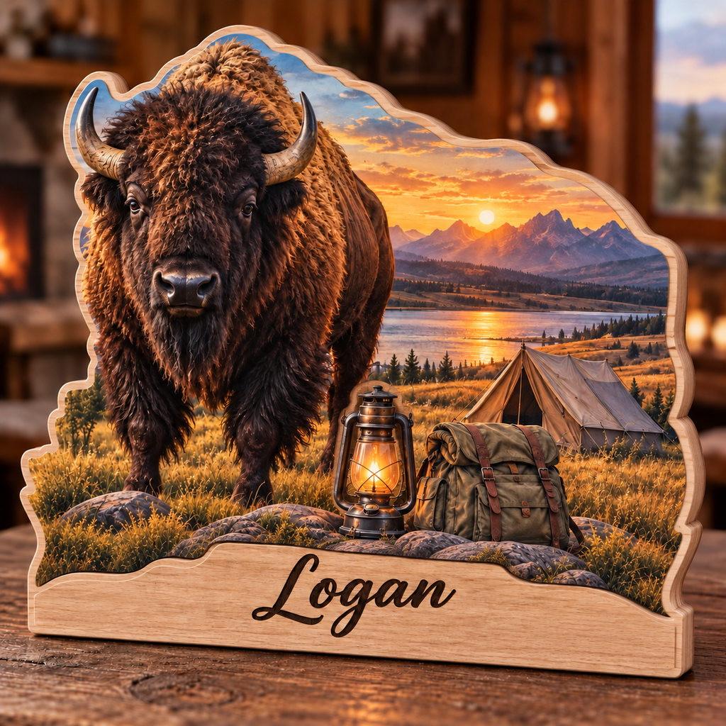 Bison Prairie Camp Personalized Wooden Block; example personalization Logan