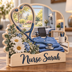 Nurse Clinic Garden Window Personalized Wooden Block; example personalization Nurse Sarah