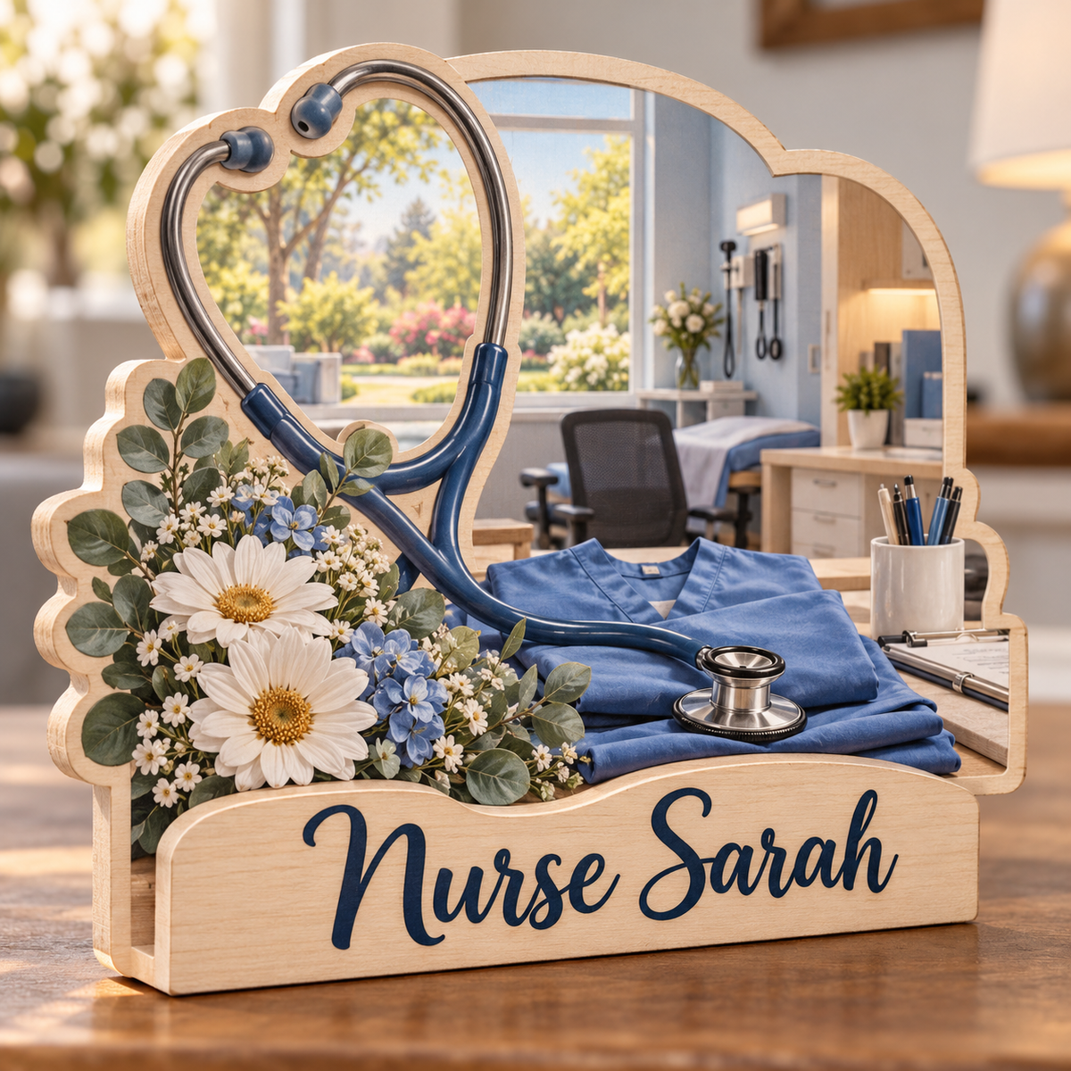 Nurse Clinic Garden Window Personalized Wooden Block; example personalization Nurse Sarah