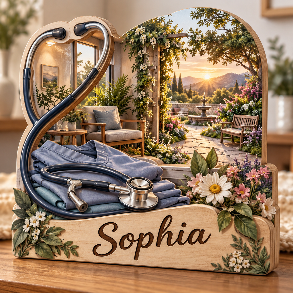 Nurse Healing Garden Courtyard Personalized Wooden Block; example personalization Sophia