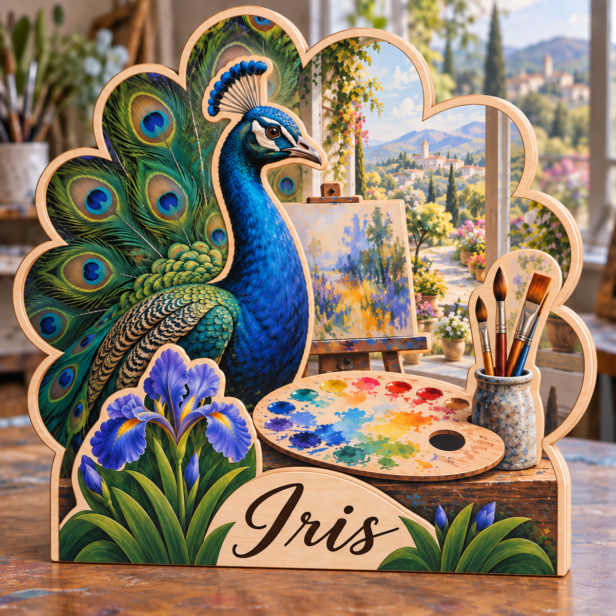 Peacock Art Garden Personalized Wooden Block; example personalization Iris