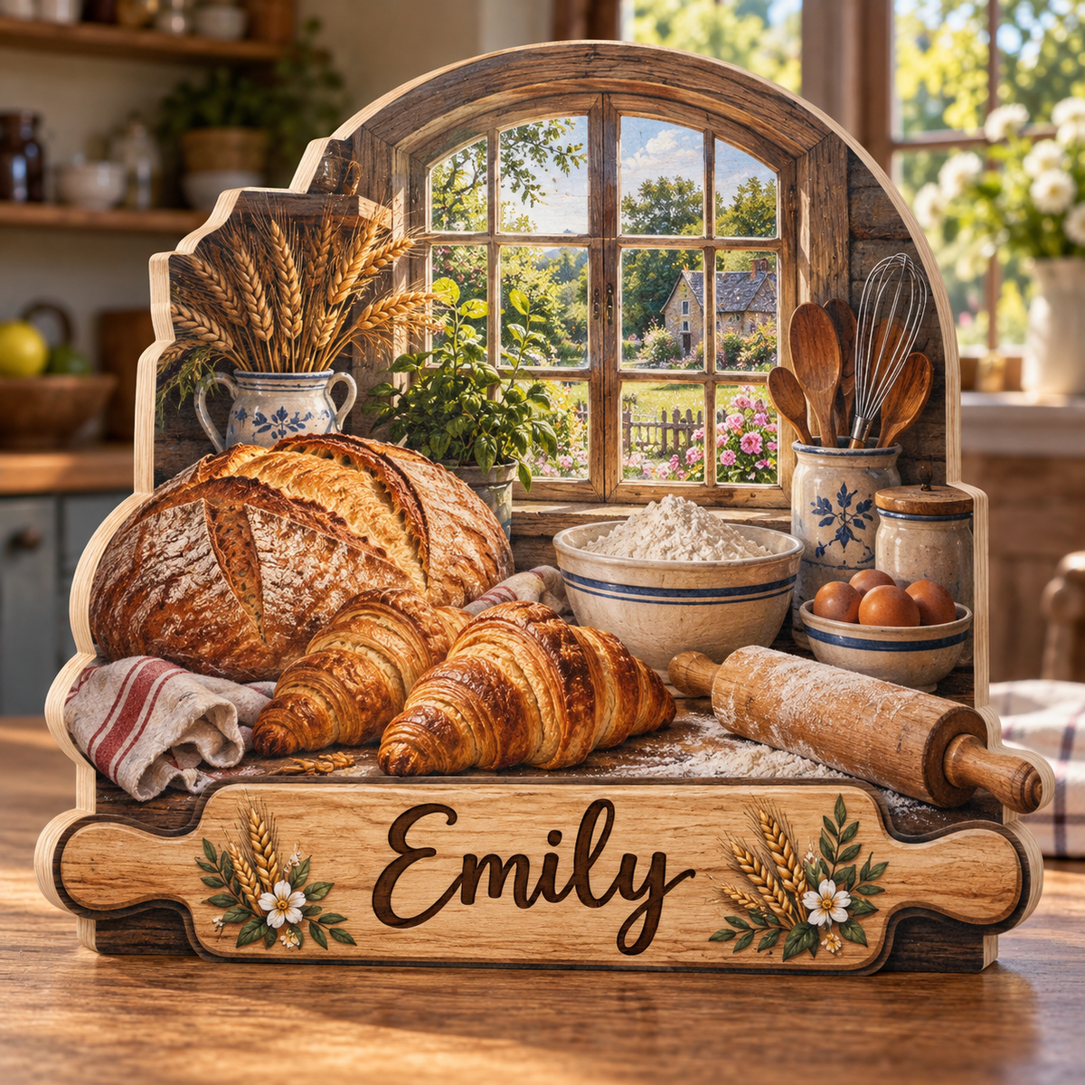 Baker Rustic Kitchen Bread Personalized Wooden Block; example personalization Emily