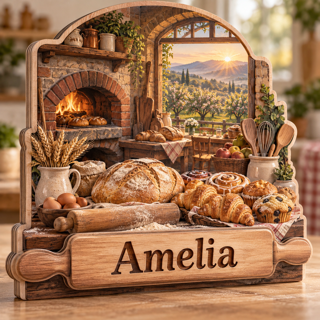 Baker Cottage Oven Orchard Window Personalized Wooden Block; example personalization Amelia