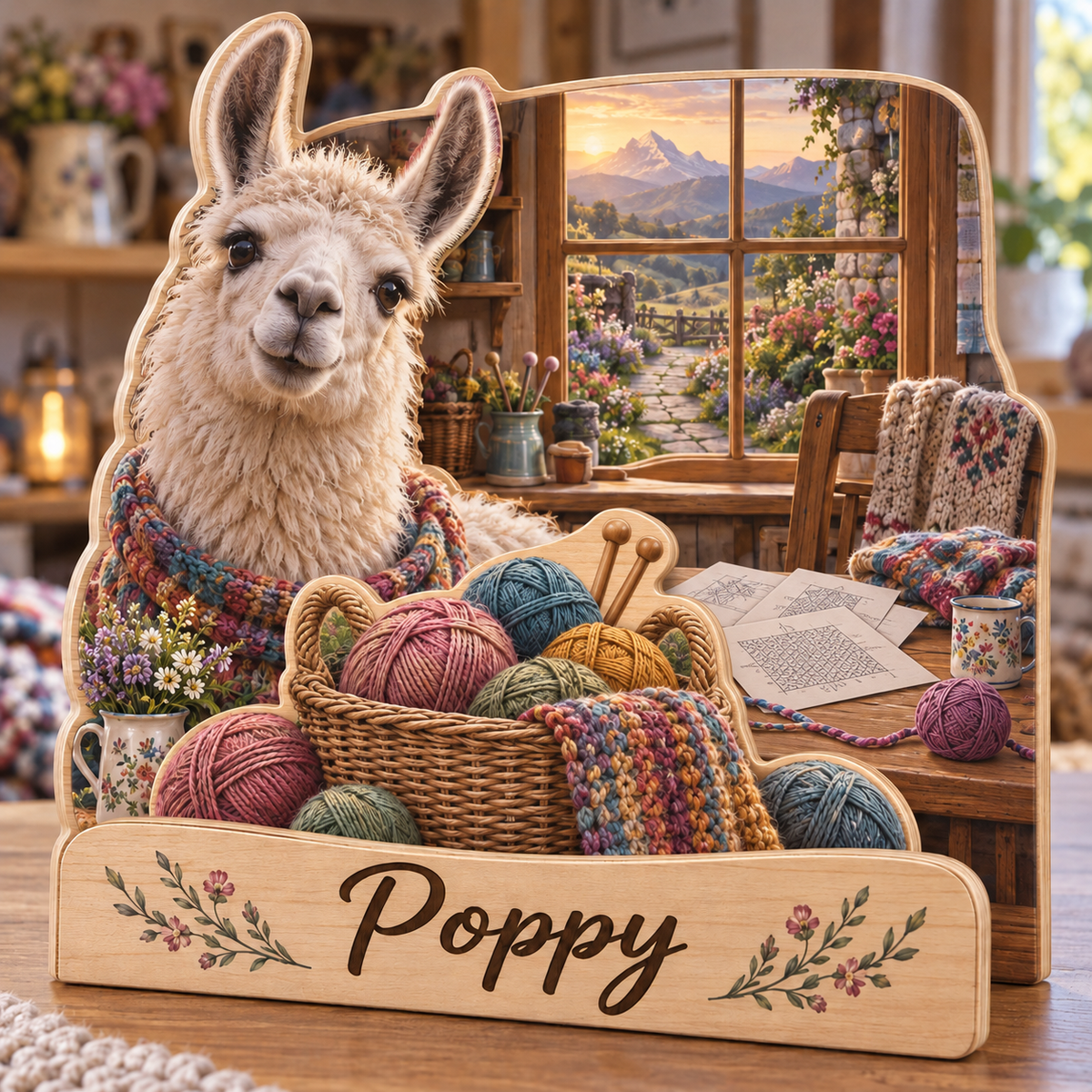 Llama Yarn Cottage Personalized Wooden Block; example personalization Poppy