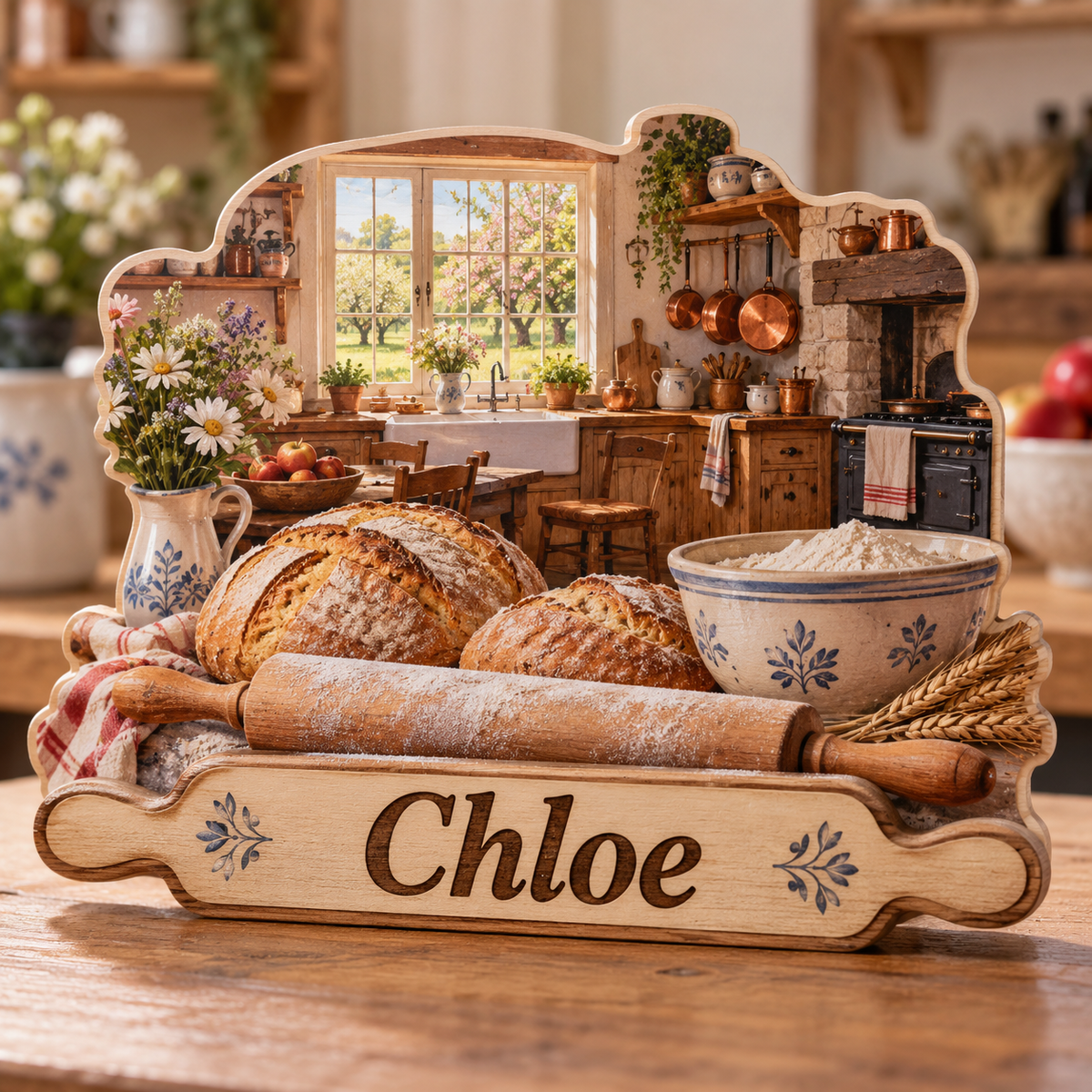 Baker Cottage Kitchen Personalized Wooden Block; example personalization Chloe
