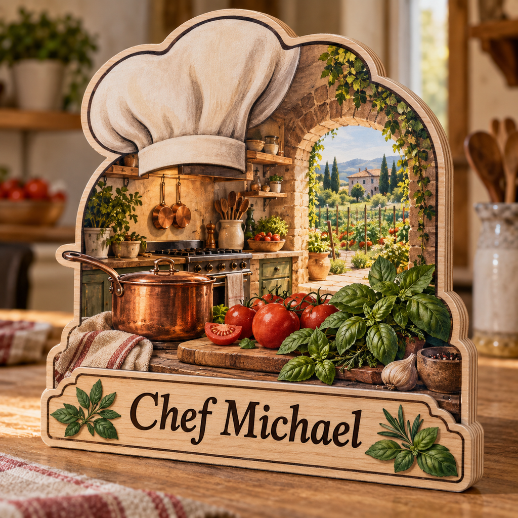 Chef Country Kitchen Herbs Personalized Wooden Block; example personalization Chef Michael