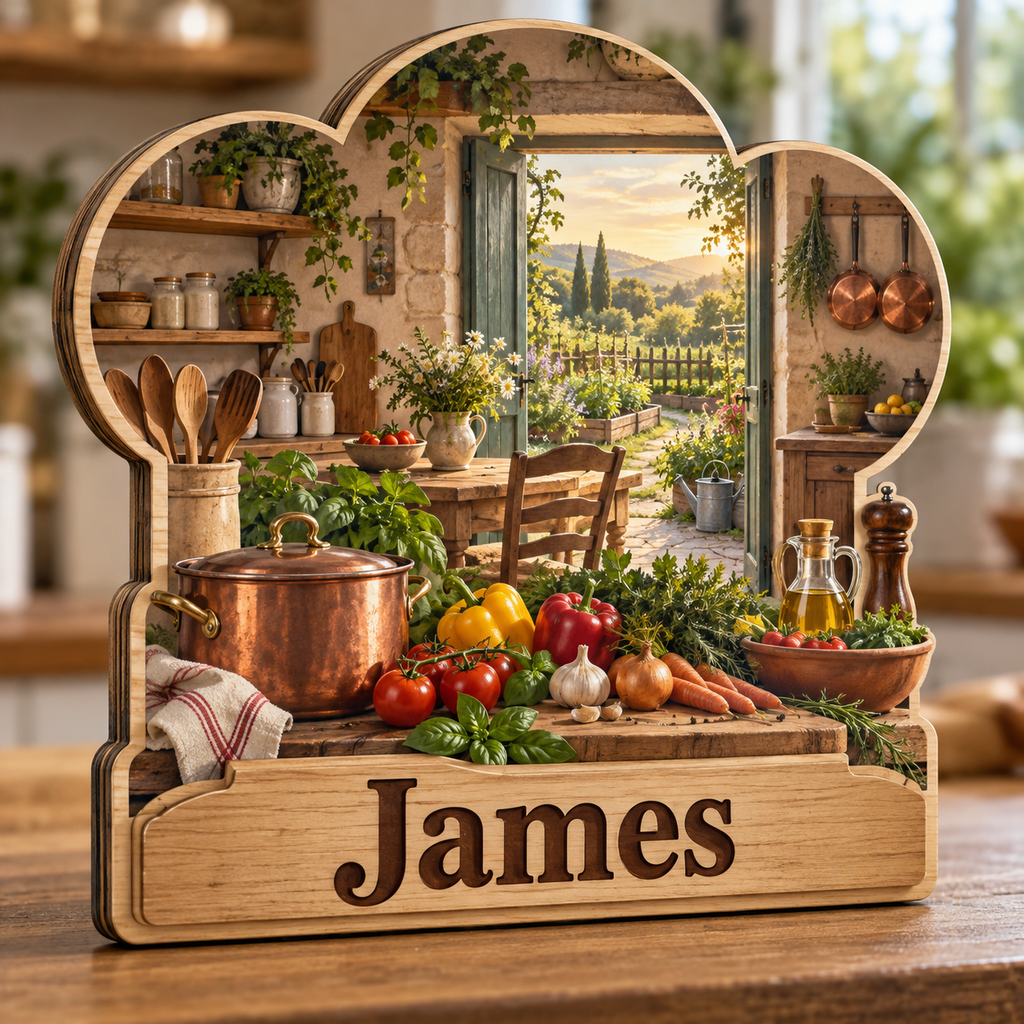 Chef Herb Kitchen Garden Door Personalized Wooden Block; example personalization James