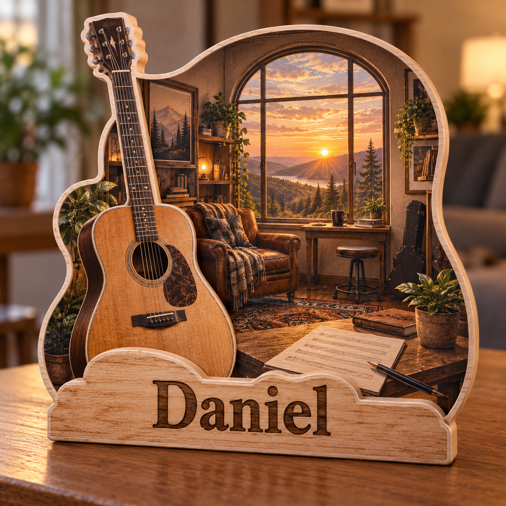 Musician Guitar Studio Window Personalized Wooden Block; example personalization Daniel