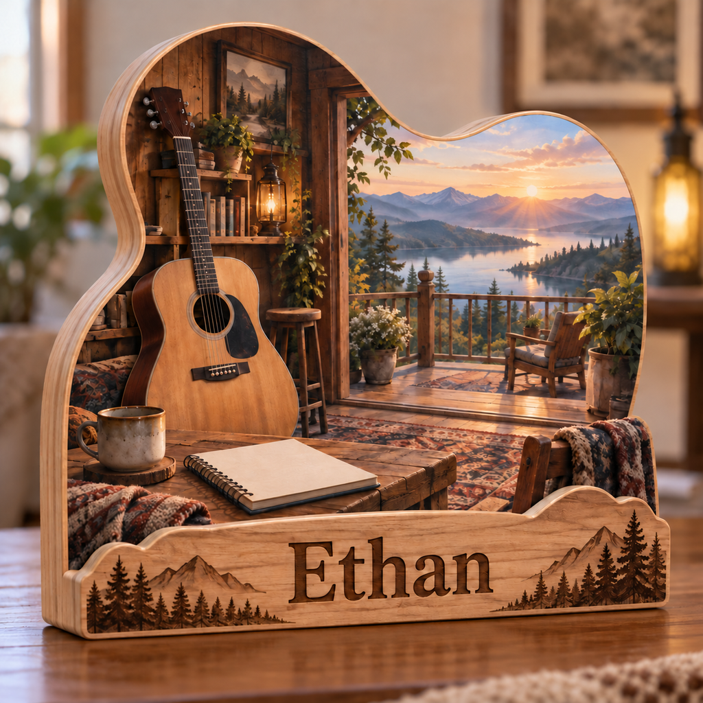 Musician Guitar Lakeside Studio Personalized Wooden Block; example personalization Ethan