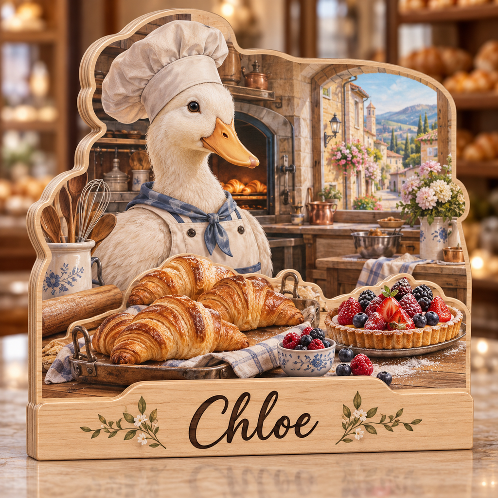 Duck Patisserie Personalized Wooden Block; example personalization Chloe