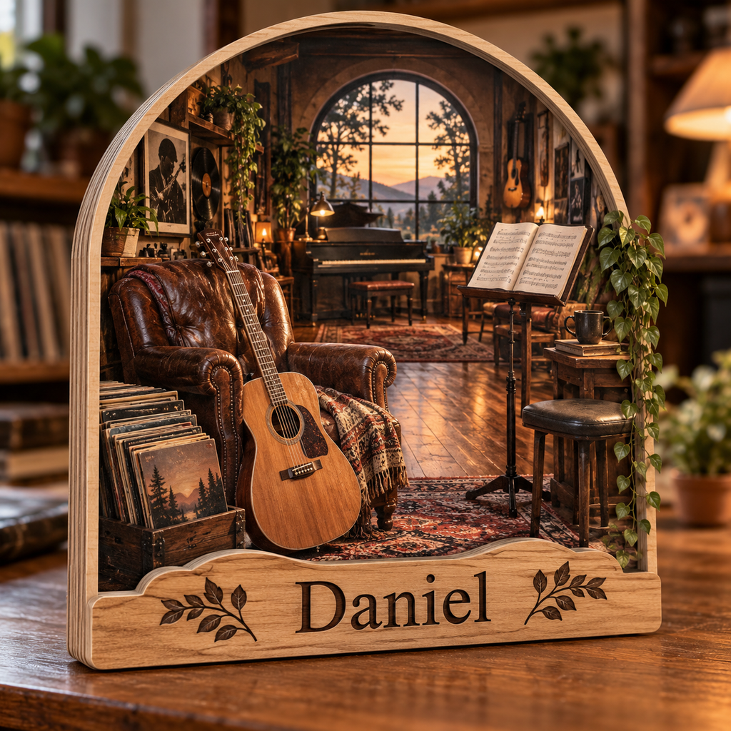 Acoustic Music Room Personalized Wooden Block; example personalization Daniel