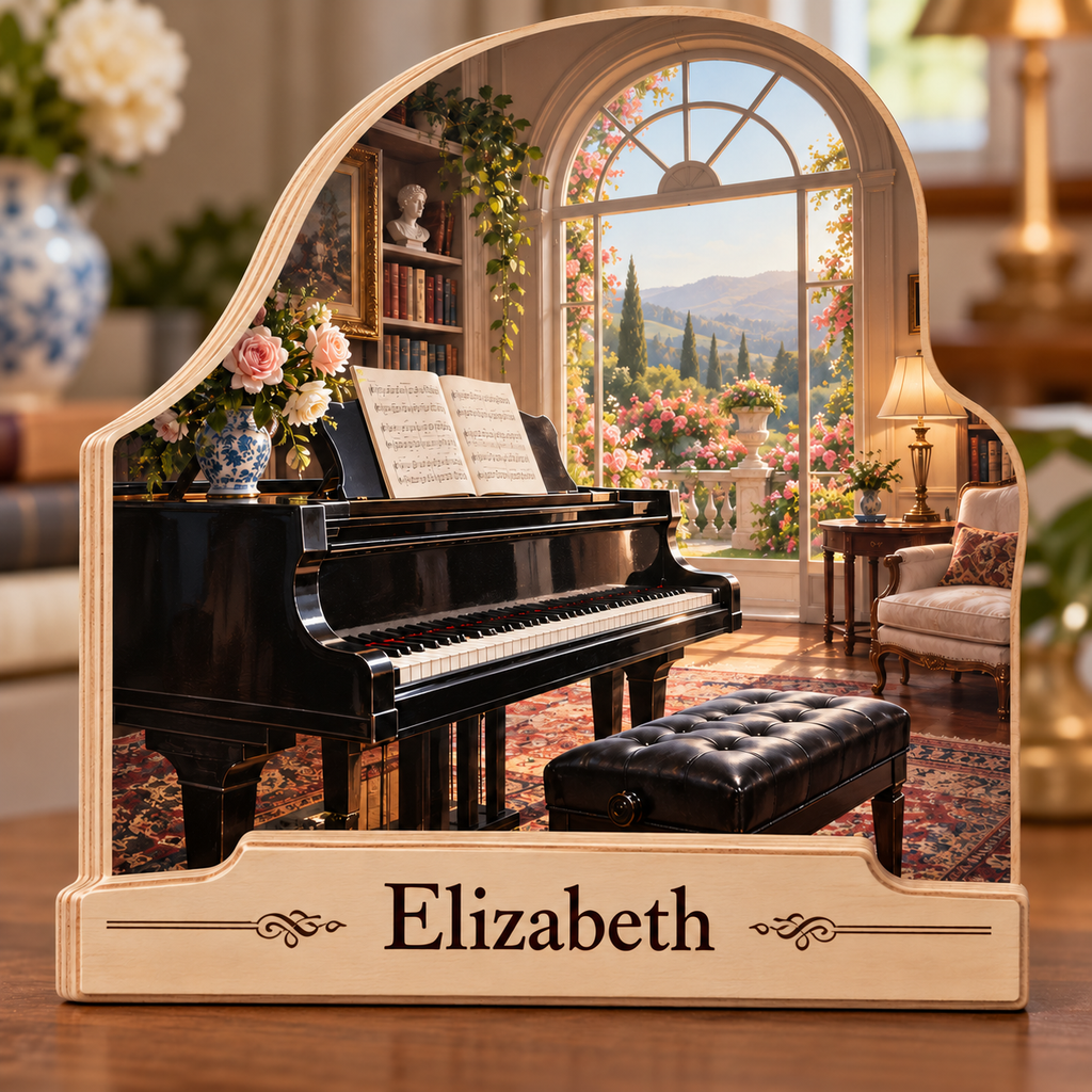 Pianist Grand Piano Garden Window Personalized Wooden Block; example personalization Elizabeth