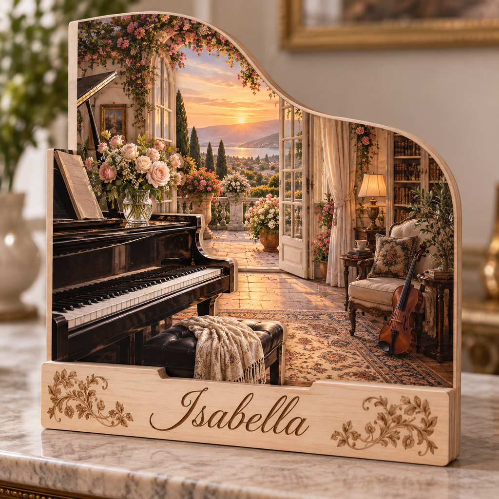 Pianist Grand Piano Rose Terrace Personalized Wooden Block; example personalization Isabella