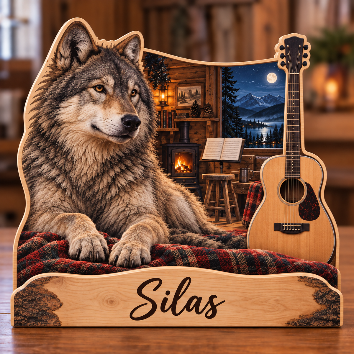 Wolf Moonlight Guitar Personalized Wooden Block; example personalization Silas