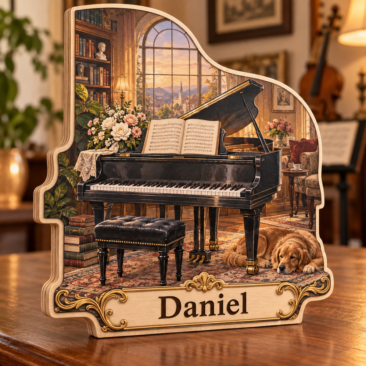 Grand Piano Music Haven Personalized Wooden Block; example personalization Daniel