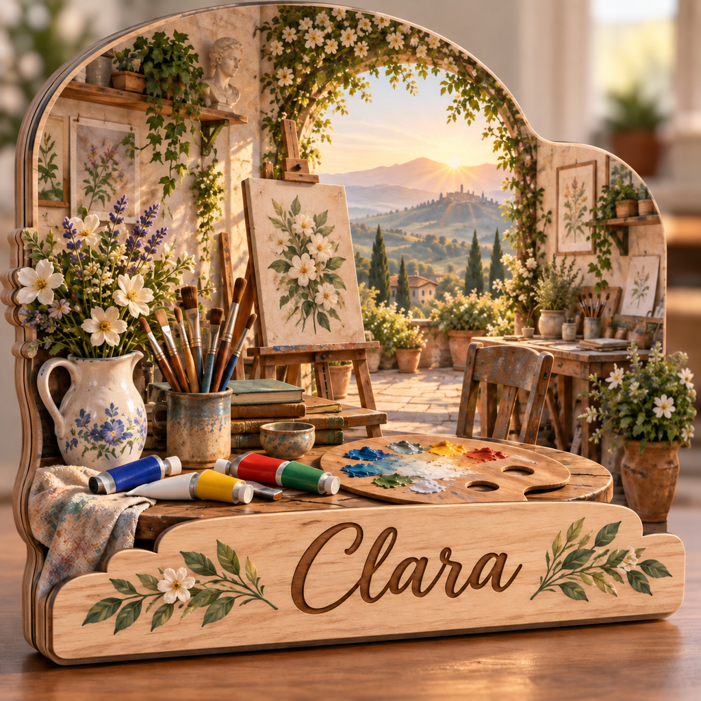 Artist Paint Studio Garden Arch Personalized Wooden Block; example personalization Clara