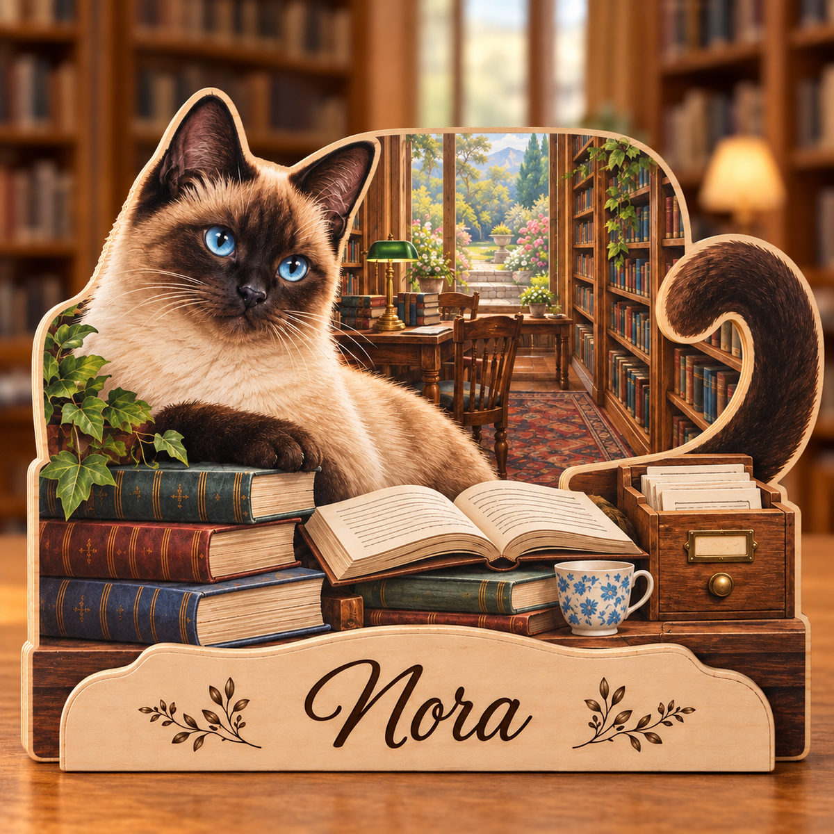 Siamese Cat Library Personalized Wooden Block; example personalization Nora