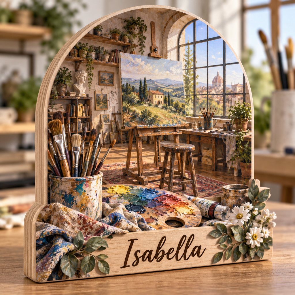 Sunlit Artist Studio Personalized Wooden Block; example personalization Isabella