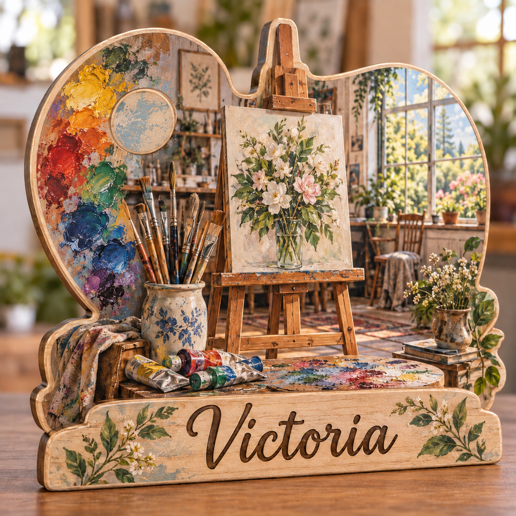 Artist Palette Window Studio Personalized Wooden Block; example personalization Victoria