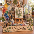 Artist Palette Window Studio Personalized Wooden Block; example personalization Victoria