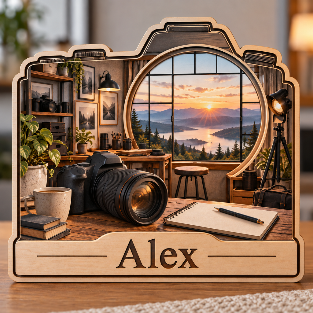 Photographer Camera Mountain Studio Personalized Wooden Block; example personalization Alex