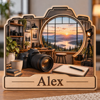 Photographer Camera Mountain Studio Personalized Wooden Block; example personalization Alex