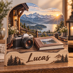 Photographer Camera Alpine Balcony Personalized Wooden Block; example personalization Lucas