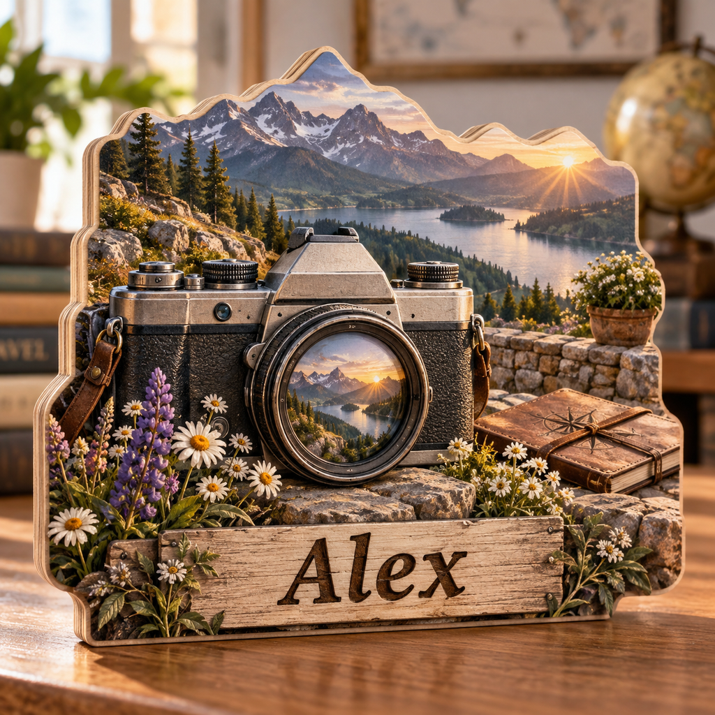 Camera Landscape Journey Personalized Wooden Block; example personalization Alex