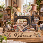 Sewing Room Cottage Window Personalized Wooden Block; example personalization Rebecca