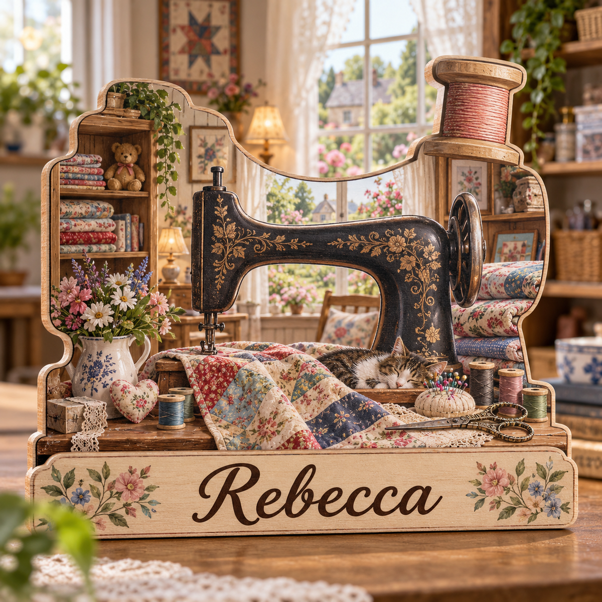 Sewing Room Cottage Window Personalized Wooden Block; example personalization Rebecca