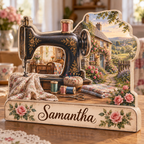 Sewing Cottage Rose Window Personalized Wooden Block; example personalization Samantha